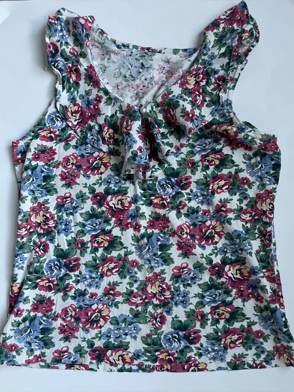 Vintage 90s Floral Ruffle Tie Neck Tank Top Cottagecore Grunge M